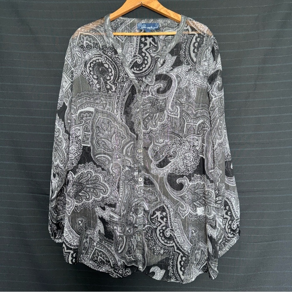 SUSAN GRAVER Style Sparkly Black Gray Silver Sheer Chiffon Top Long Sleeve L